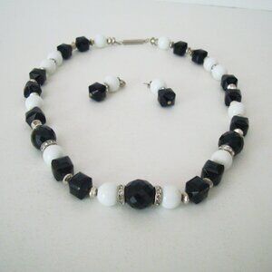 Necklace & Earrings Set White Black Beads Diamante Spacers Classic Vintage